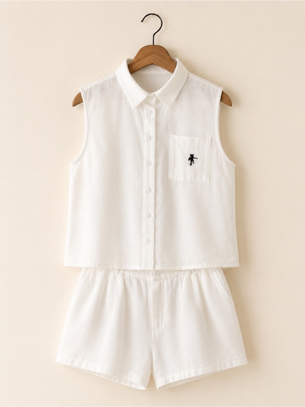 White Linen Blend Sleeveless Button Front Top & Shorts Set | Size Large - Picture 1 of 11